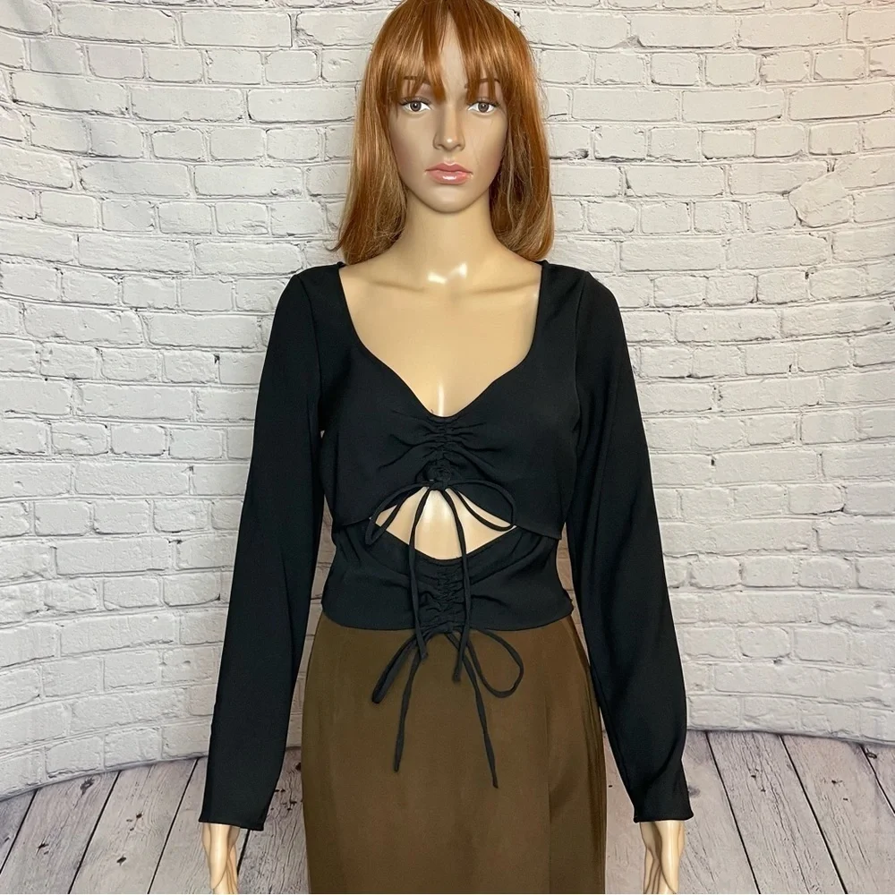 New Zara Black Ruched Cut-out Top Blouse Size S